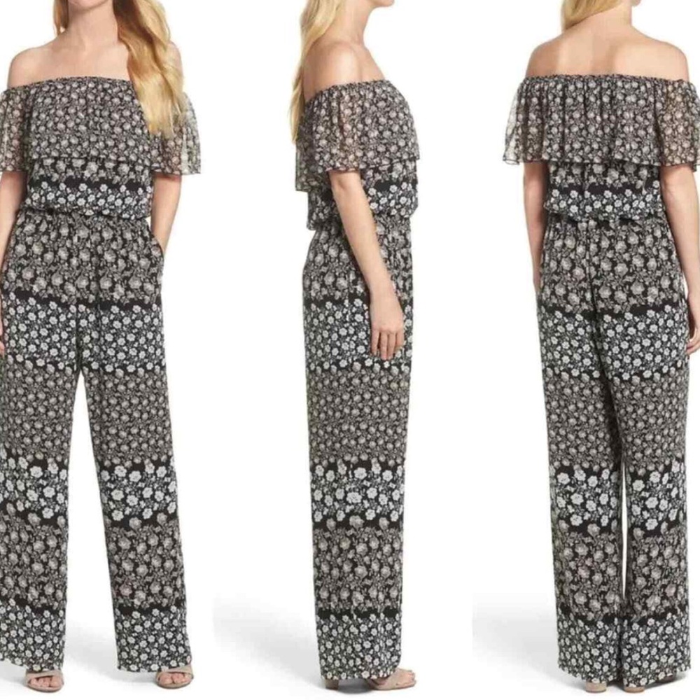 NWT ELIZA J Off Shoulder‎ Floral Jumpsuit Romper Black Flowy Ruffle New Size 10